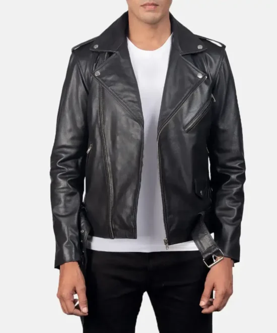 Alley Black Leather Biker Jacket – front view