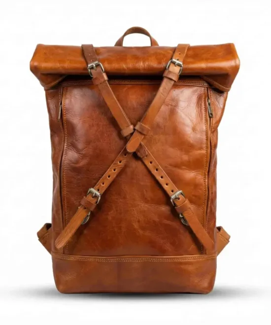 Leather roll top backpack front view tan X-strap closure