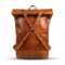 Leather roll top backpack front view tan X-strap closure