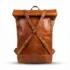 Leather roll top backpack front view tan X-strap closure