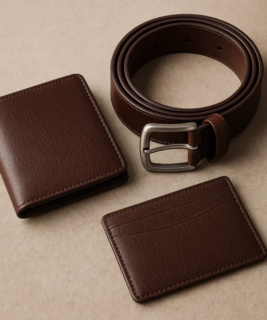 Brown full-grain leather bifold wallet front view