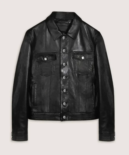 Leather trucker jacket point collar and snap button detail