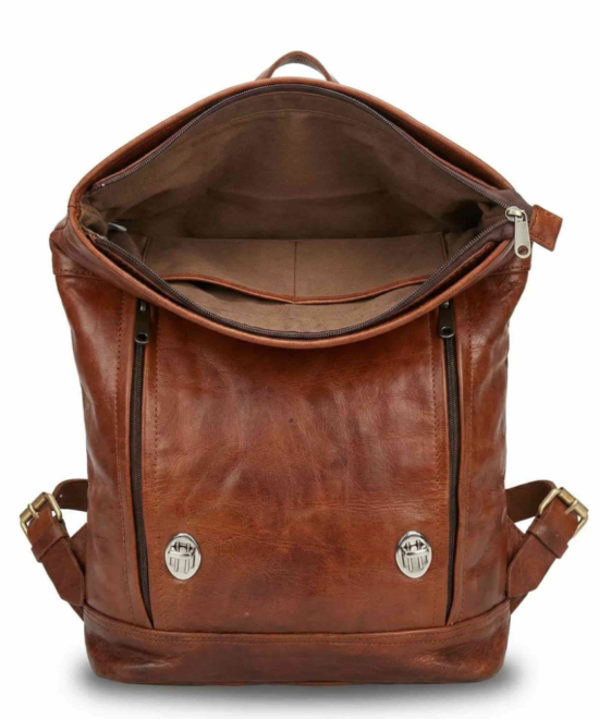 Leather backpack X-strap buckle closure detail
