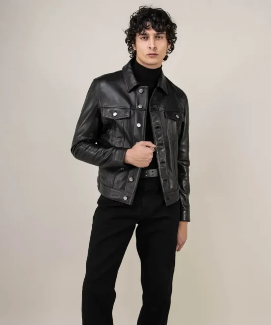 Men's black leather trucker jacket front view