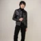 Men's black leather trucker jacket front view