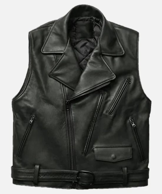 Men's classic leather biker vest front view black
