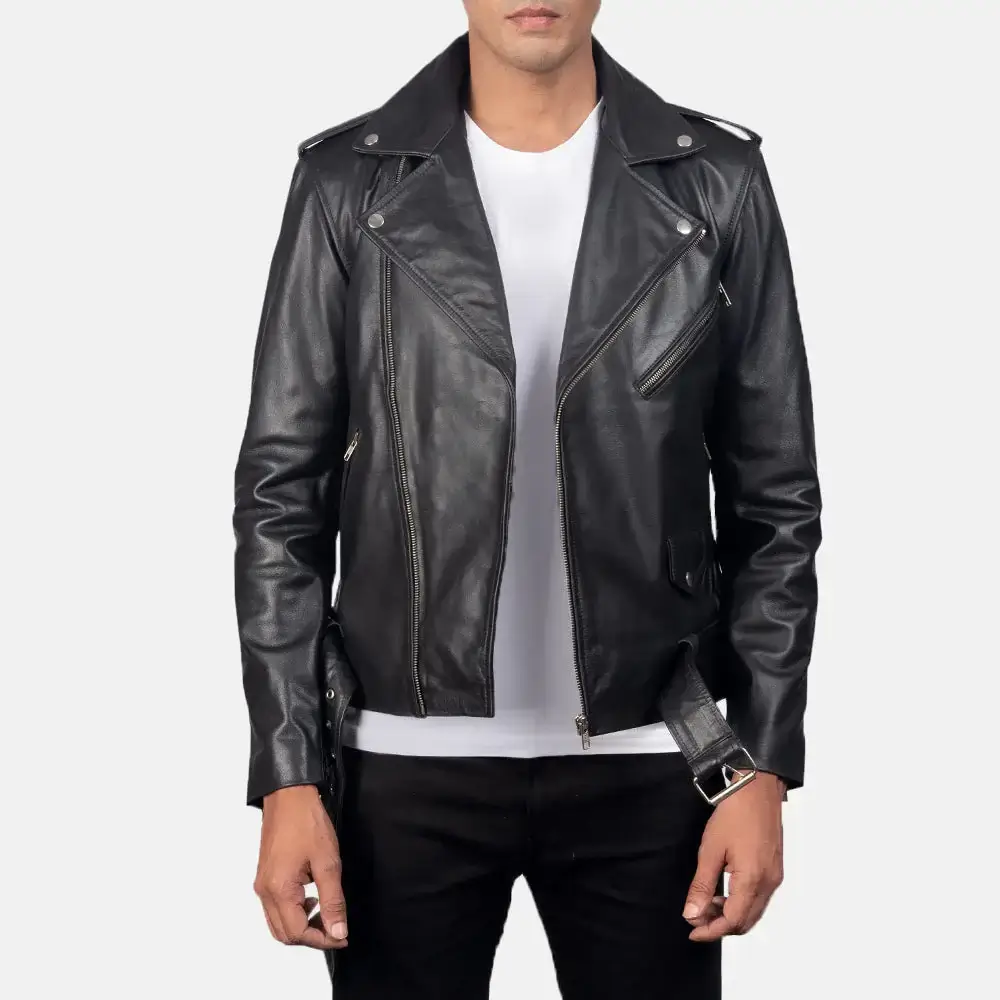 Alley Black Leather Biker Jacket – front view