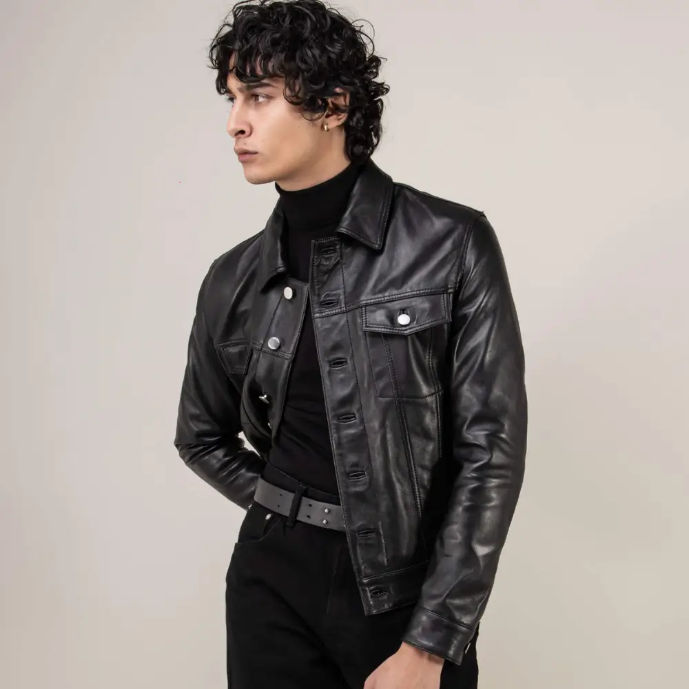 Leather trucker jacket side welt pocket detail