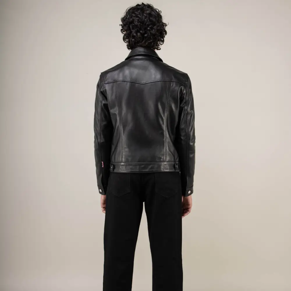 Leather jacket adjustable snap cuff close-up