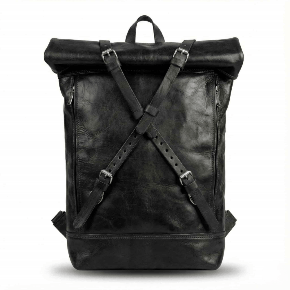 Leather roll top backpack top handle close-up