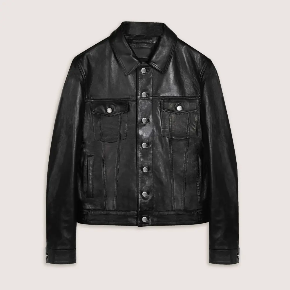 Leather trucker jacket point collar and snap button detail