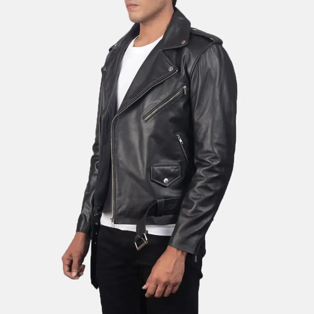 Men's genuine leather biker jacket with quilted panels