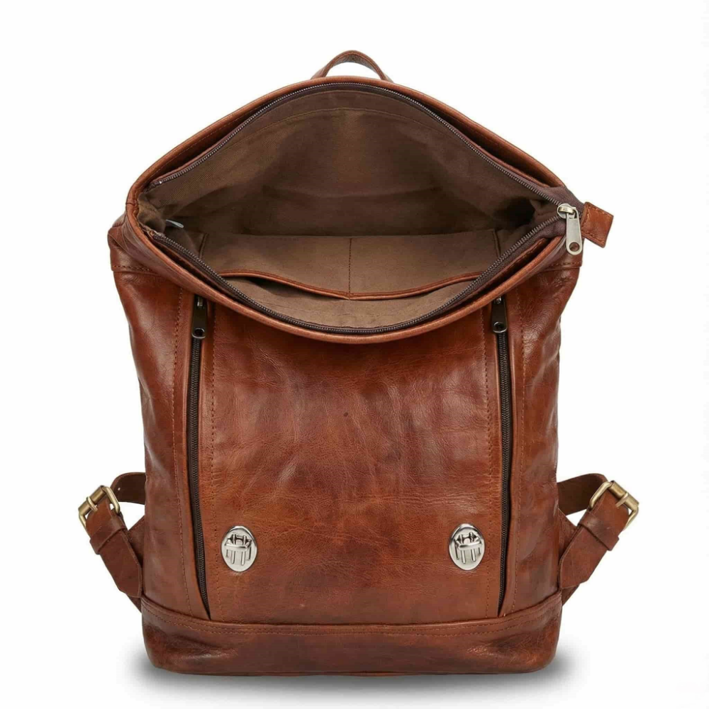 Leather backpack X-strap buckle closure detail