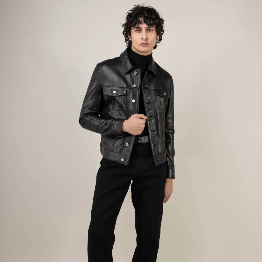 Men's black leather trucker jacket front view