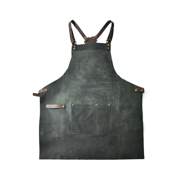 Leather apron hand-stitched detail and tool pockets