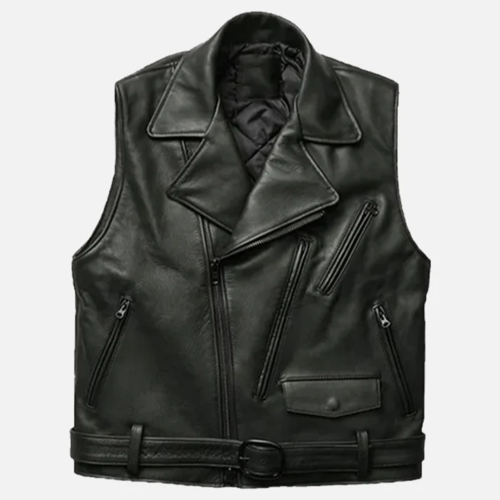 Men's classic leather biker vest front view black