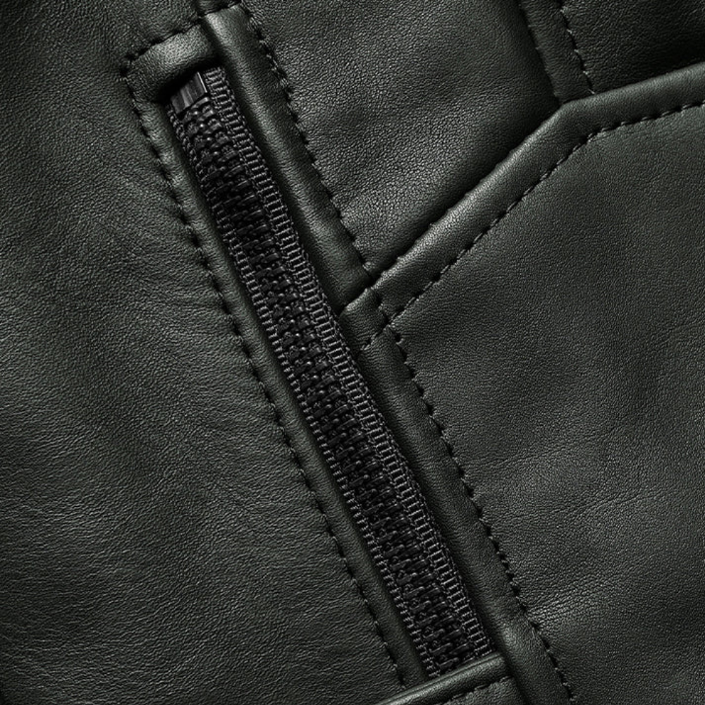 Leather vest flap chest pocket close-up