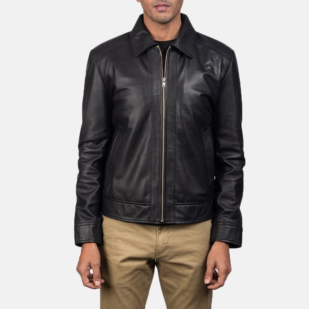 Men's Inferno Black Leather Jacket – collar and lapel detail