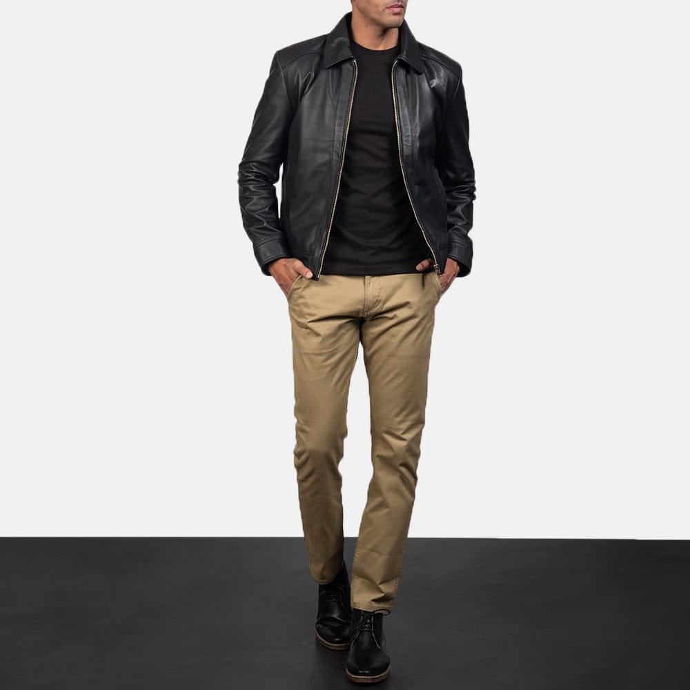 Men's Inferno Black Leather Jacket – close-up zipper and hardware detail