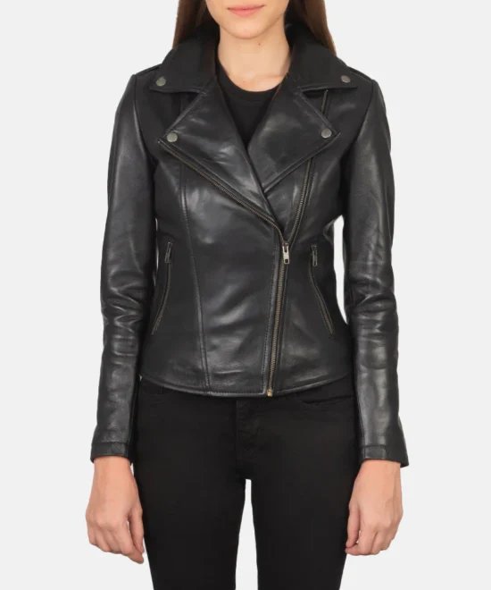 "Golden Garb Flashback Black Leather Biker Jacket – front view"