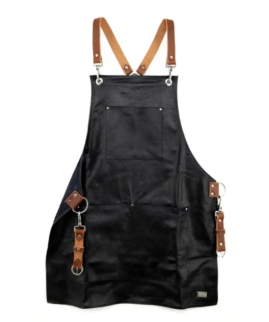 "Golden Garb Craftsman Leather Apron – front view with tool pockets"