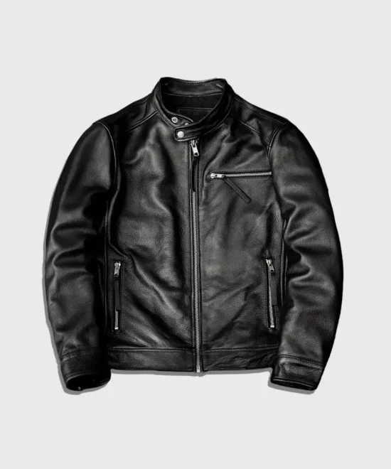 Golden Garb Wear Motorcycle black cowhide leather jacket, front view