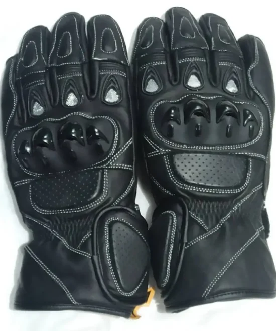 Golden Garb Wear black leather motorbike gloves, pair front view