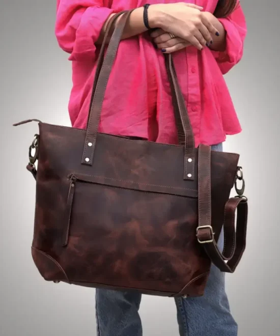 Golden Garb Wear burgundy leather tote bag for women, angled front view