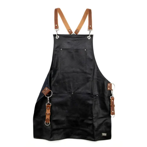 "Golden Garb Craftsman Leather Apron – front view with tool pockets"