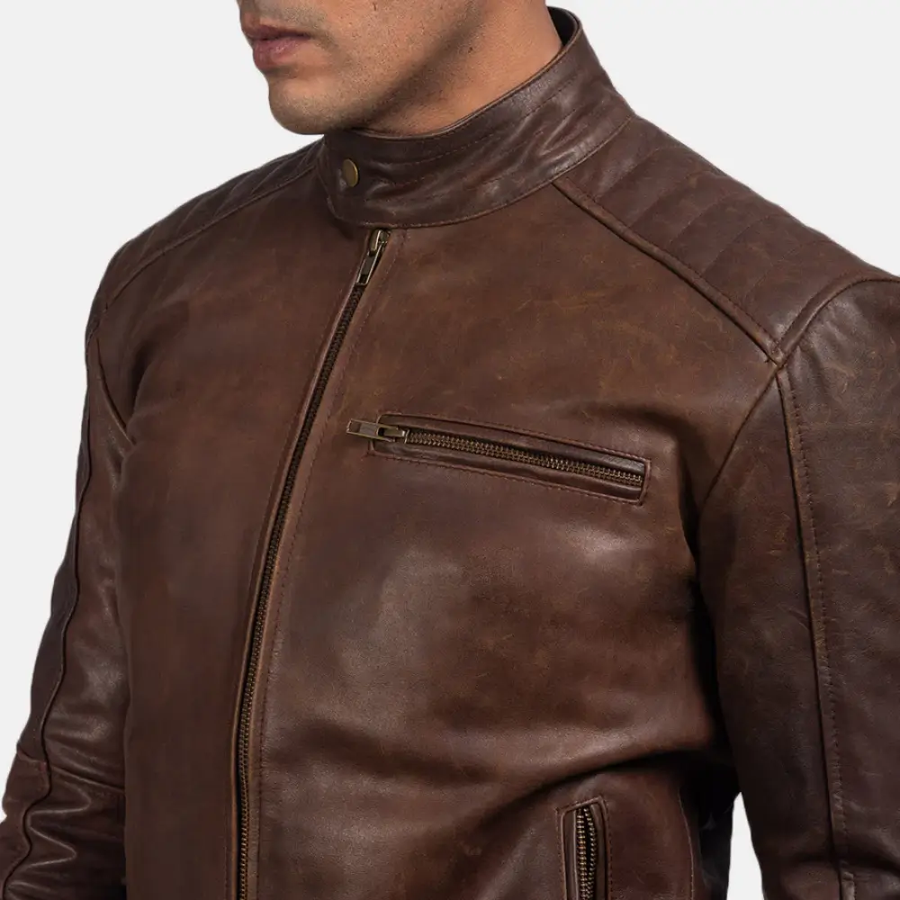 Golden-Garb-Wear-Dean-brown-cowhide-leather-biker-jacket-front-detail-view
