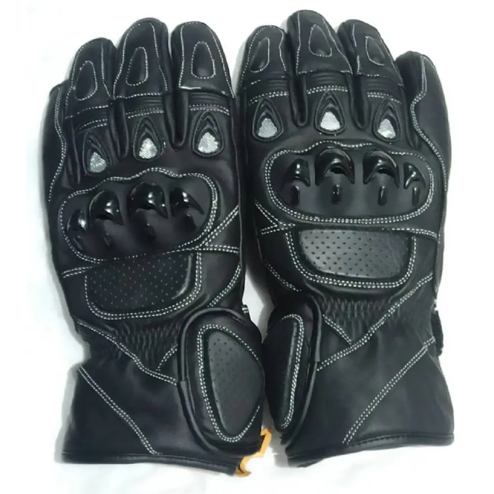 Golden Garb Wear black leather motorbike gloves, pair front view
