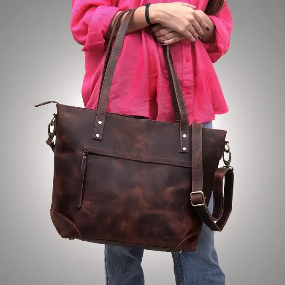 Golden Garb Wear burgundy leather tote bag for women, angled front view