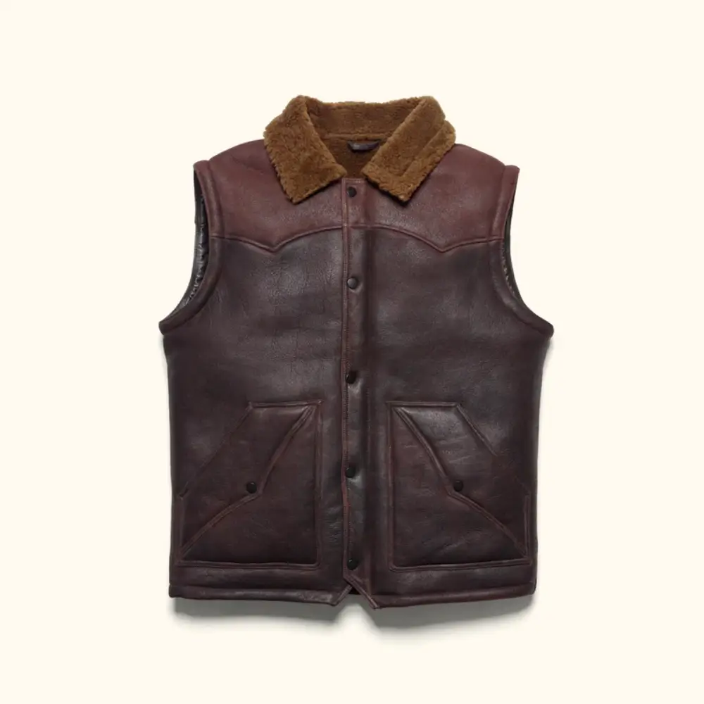 Shearling vest collar and trim detail close-up