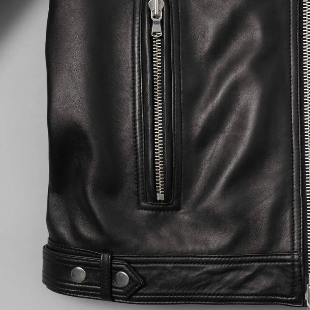 Snap-tab-waist-adjuster-detail-at-hem-of-leather-rider-jacket