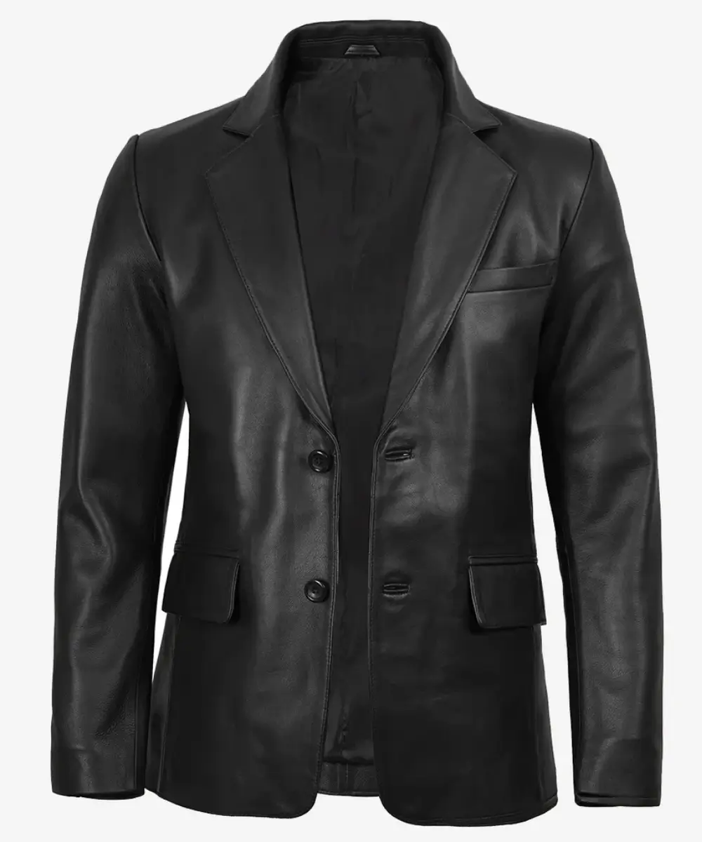 Two-button-front-closure-detail-on-lambskin-leather-blazer